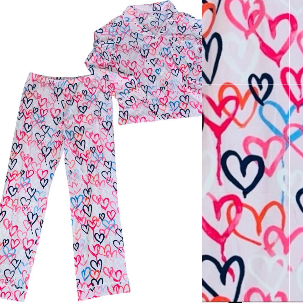 NWOT Bedhead Multi Color Hearts On Pink Stretch Jersey Classic Pajama Set Medium